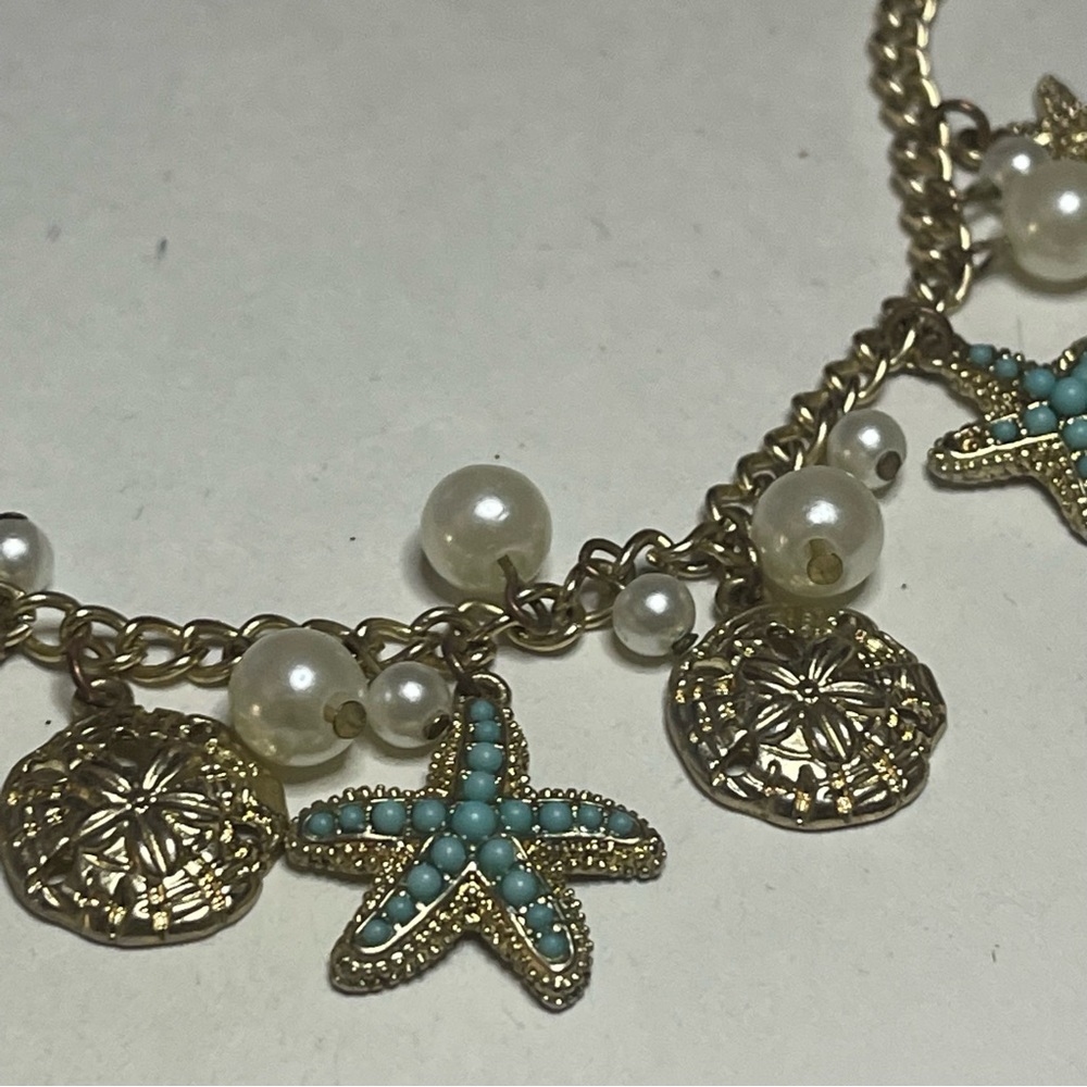 Vintage Beach Natural Blue Turquoise Starfish Shell Gold Pearl Charm Necklace - Picture 5 of 11